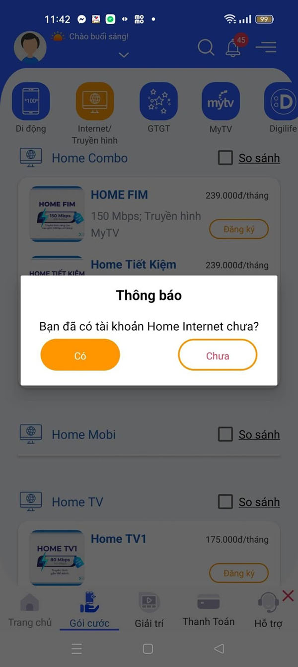 chọn có hay chưa trên giao diện app VNPT