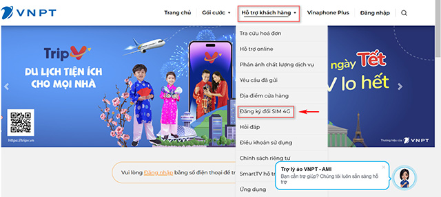Cách đổi sim 4G VinaPhone qua website