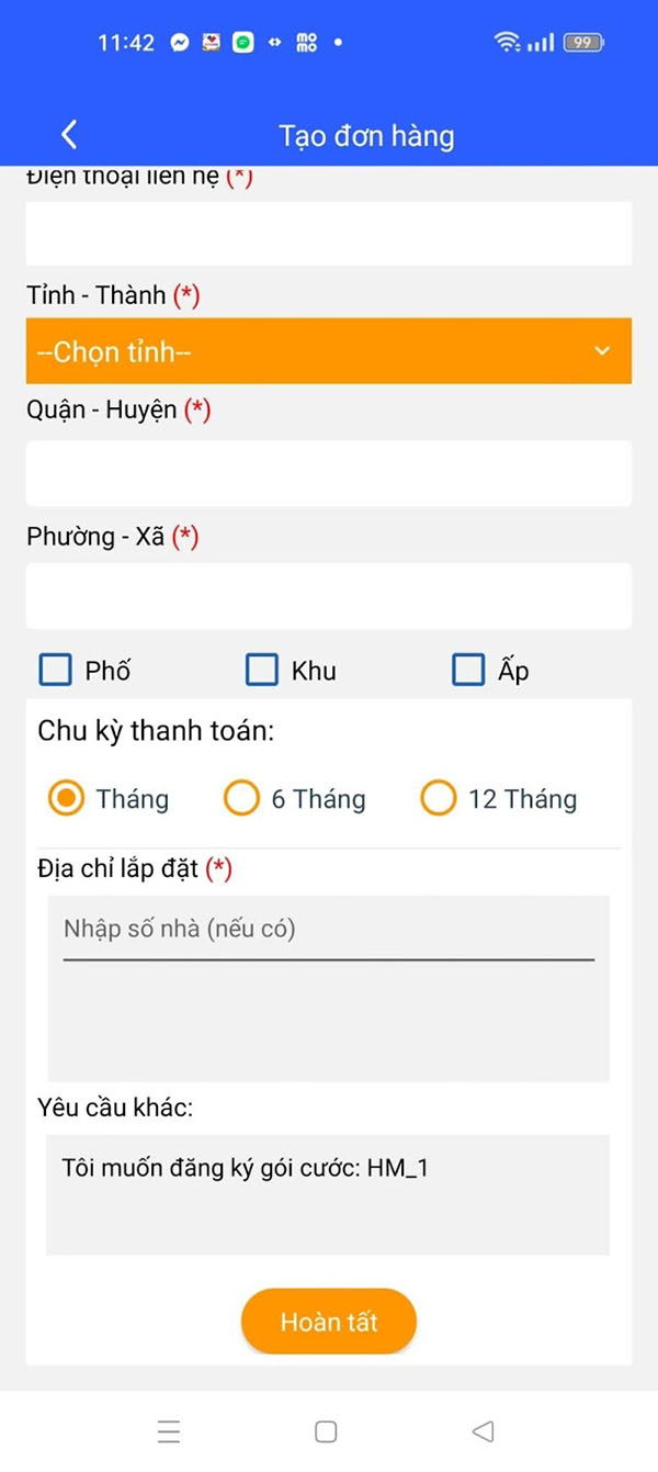 hoàn tất đăng ký trên app VNPT