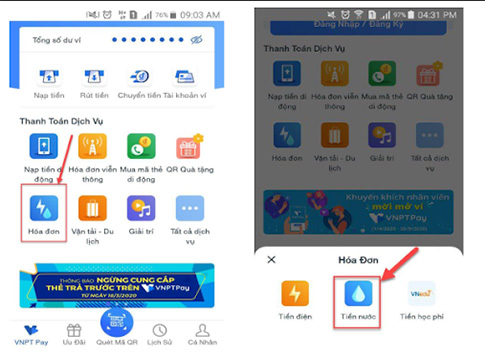 ấn chọn tiền nước