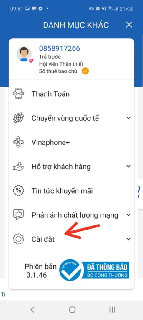 vào mục cài đặt