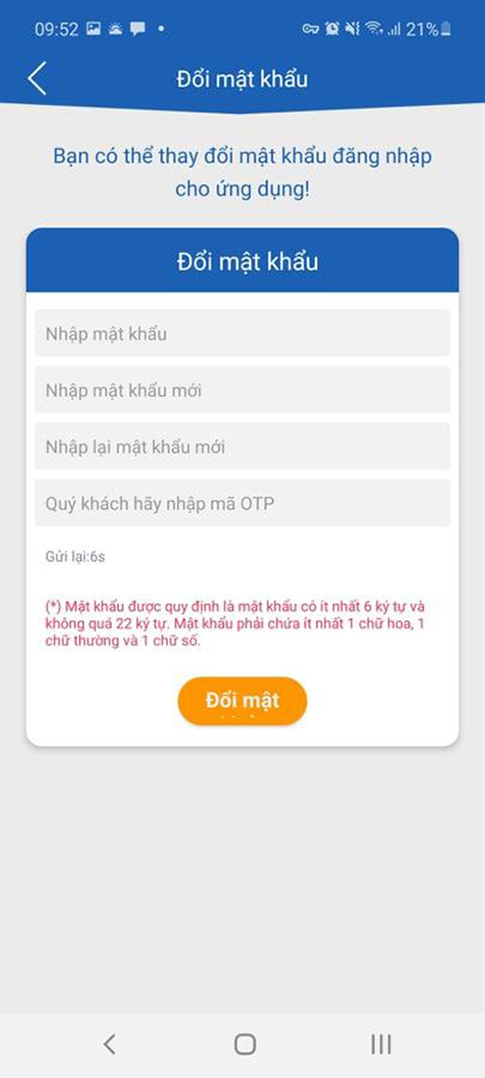 nhập các thông tin được yêu cầu để đổi mật khẩu