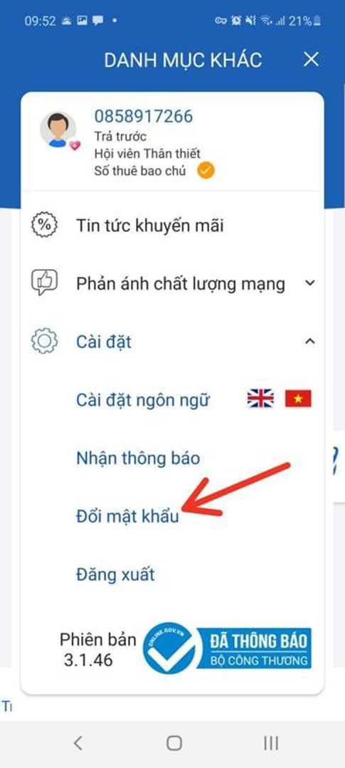 chọn đổi mật khẩu my vnpt