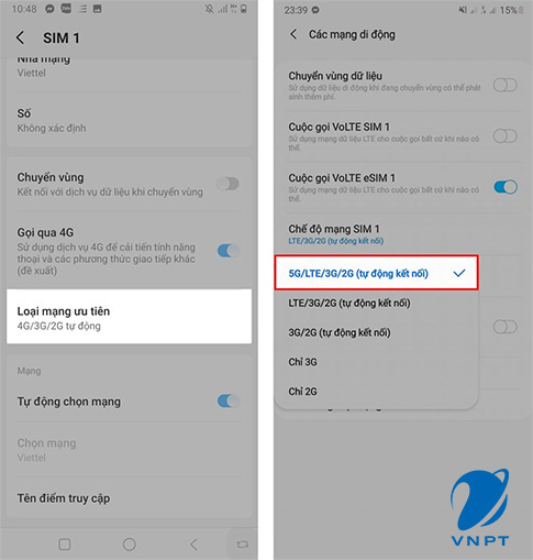 cài đặt data 5G vinaphone