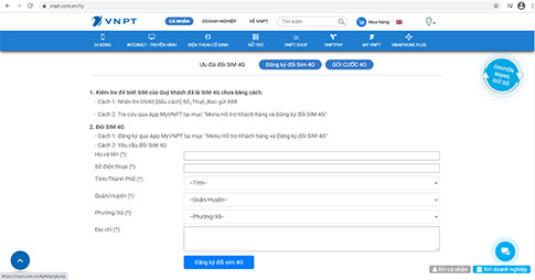 đăng ký đổi sim 4g trên web vnpt
