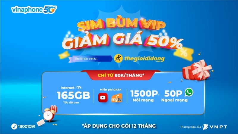 Ưu đãi độc quyền tại Thế giới Di động: giảm giá 50% SIM Vina siêu Data
