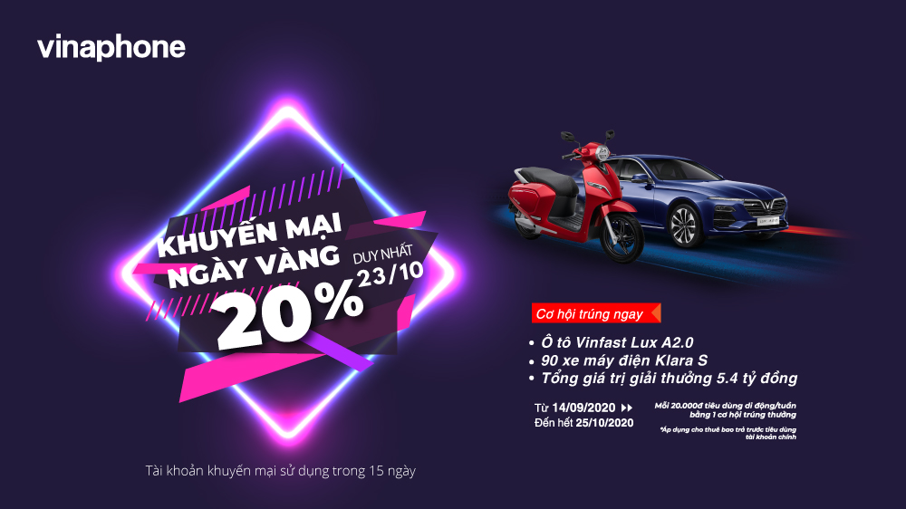 VinaPhone tặng 20% giá trị nạp cho TB trả trước trong Ngày Vàng 23/10/2020