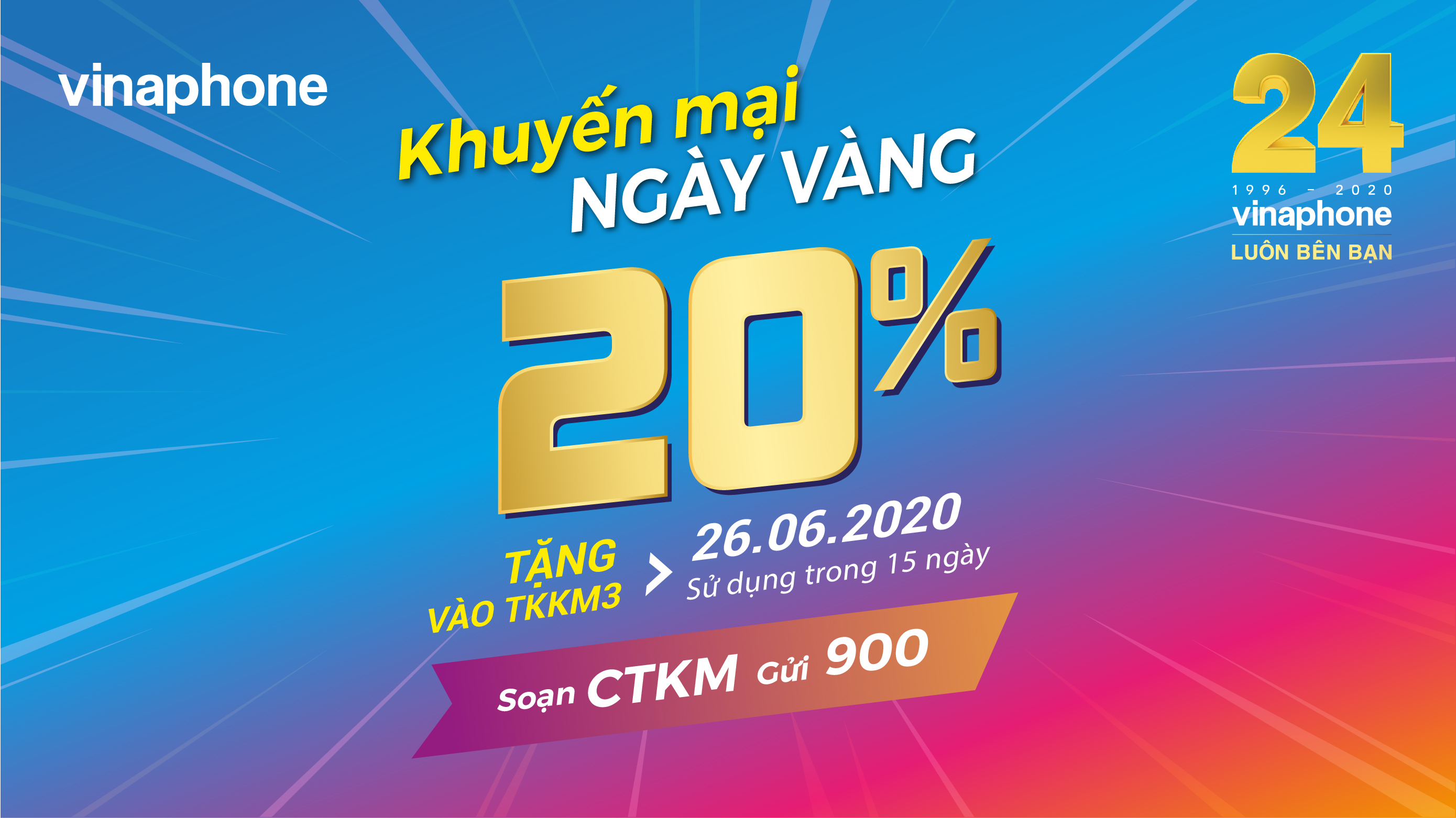 VinaPhone tặng 20% giá trị nạp cho TB trả trước trong Ngày Vàng 26/06/2020