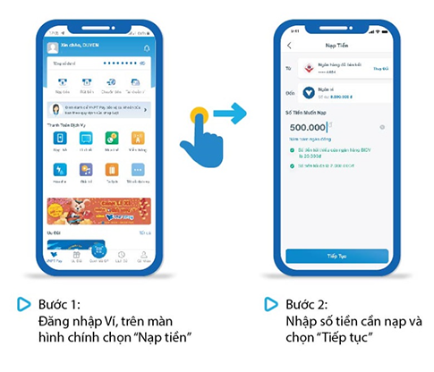 Nạp tiền vào ví VNPT Pay từ ngân hàng liên kết trực tiếp bước 1-2