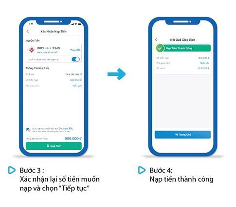 Nạp tiền vào ví VNPT Pay từ ngân hàng liên kết trực tiếp bước 3-4