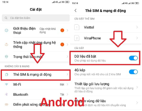 Bật dữ liệu di động trên Android