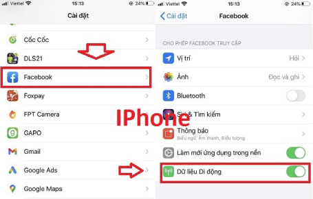 Cho phép Facebook sử dụng dữ liệu di động trên IOS