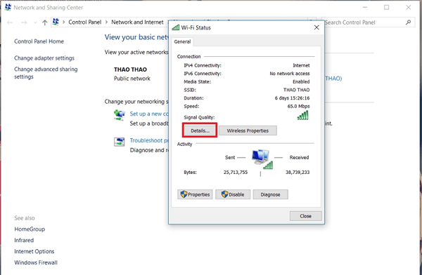 Chọn Details để xem chi tiết thông số về mạng 