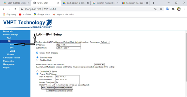 Thiết lập IP trong LAN – IPv4 Setup