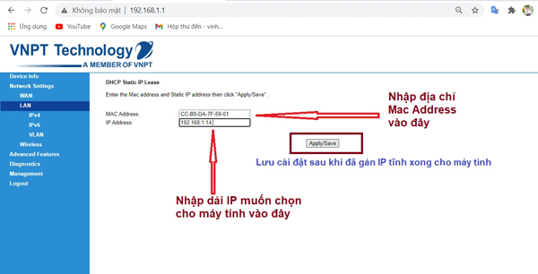 Nhập IP vào và hoàn tất việc chuyển IP động sang IP tĩnh