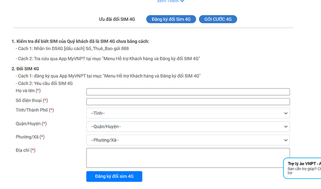 Người dùng chọn mục Đăng ký đổi Sim 4G