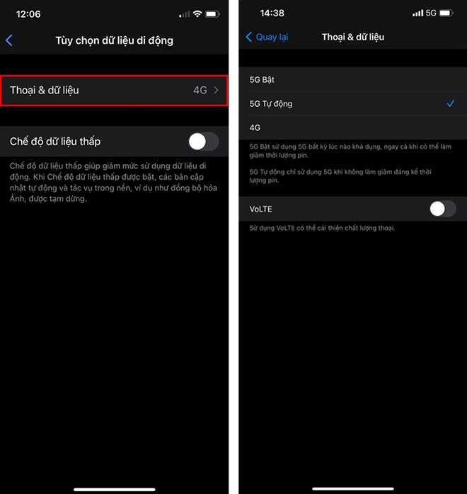 Lựa chọn bật chế độ 5G trên điện thoại