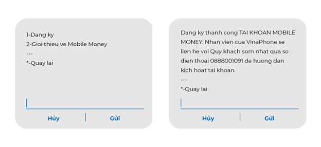 Màn hình thông báo hệ thống khi đăng ký qua USSD