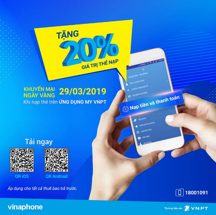 🤳 KHUYẾN MẠI DUY NHẤT TRÊN APP MY VNPT, TẶNG 20% GIÁ TRỊ THẺ NẠP CHO TẤT CẢ THUÊ BAO TRẢ TRƯỚC TRONG NGÀY 29/03.