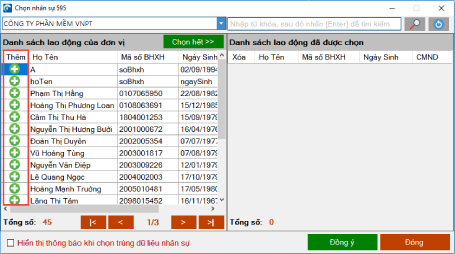 Chọn nhân sự đã lưu trong phần mềm