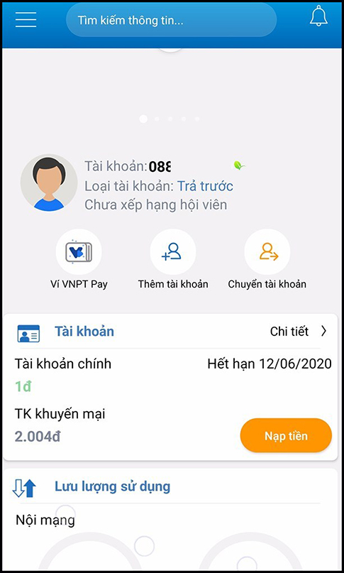 Giao diện màn hình chính sau khi đăng nhập my vnpt