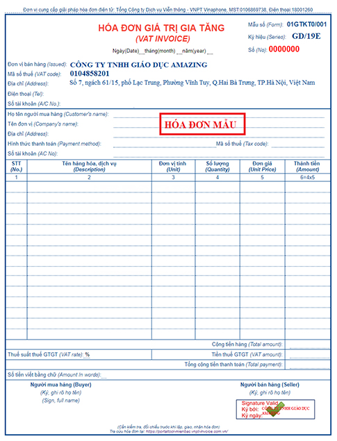 Chữ ký số thể hiện trên hóa đơn giá trị gia tăng