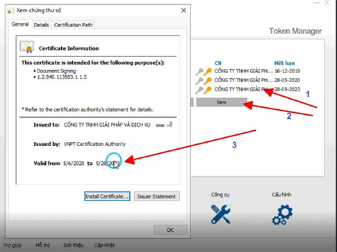 Màn hình hiển thị chứng thư số và thời gian hết hạn sử dụng