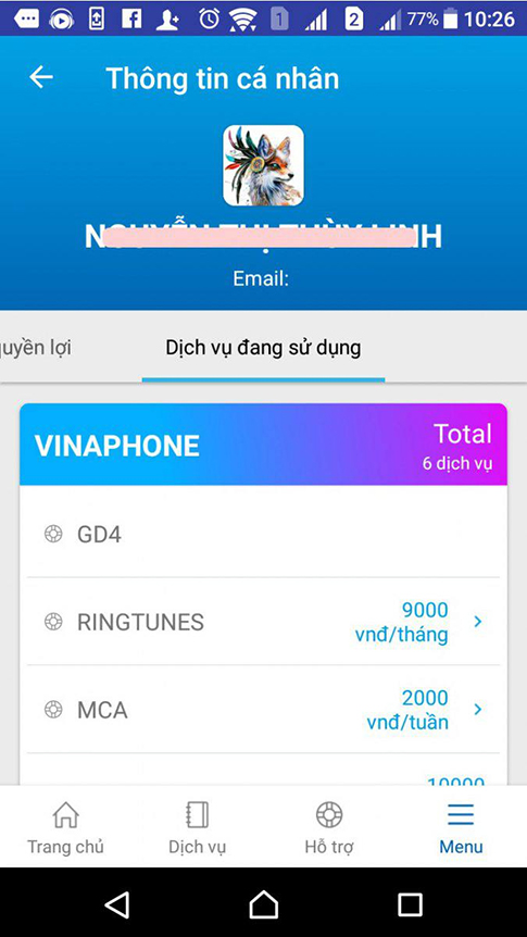 vào mục dịch vụ đang sử dụng