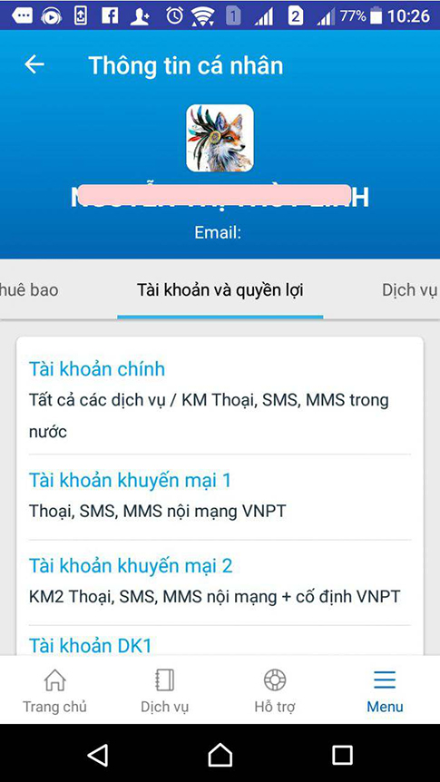 vào mục tài khoản và quyền lợi