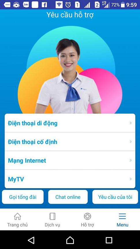 chọn mục yêu cầu hỗ trợ