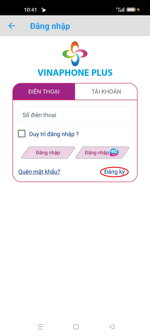 Ấn vào dòng chữ Đăng ký.