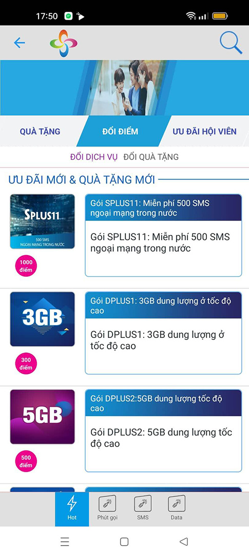 Vào tab Đổi dịch vụ hoặc Đổi quà tặng