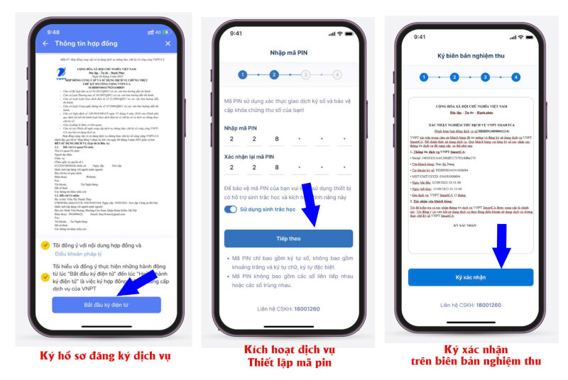 Ký hồ sơ đăng ký dịch vụ theo quy định -> Kích hoạt dịch vụ/Thiết lập mã pin -> Ký xác nhận trên biên bản nghiệm thu
