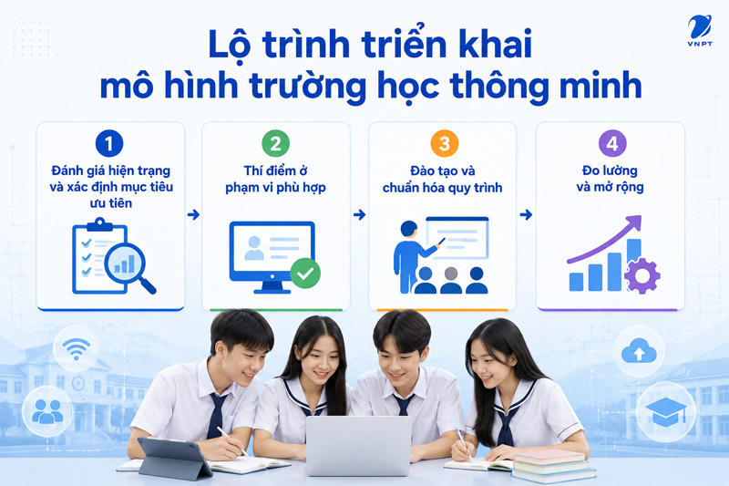 Lộ tr&igrave;nh tri&ecirc;̉n khai trường học th&ocirc;ng minh gồm bốn bước dưới đ&acirc;y