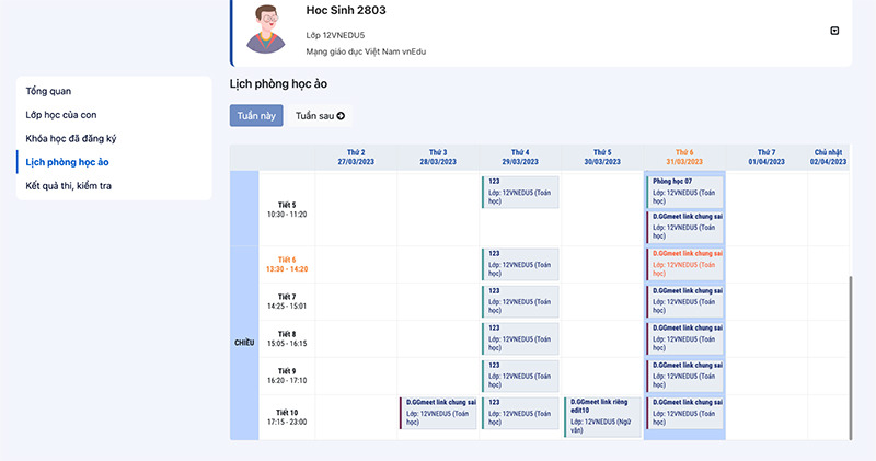 Xem lịch học ph&ograve;ng ảo của con tr&ecirc;n vnEdu LMS (VNPT E-Learning)