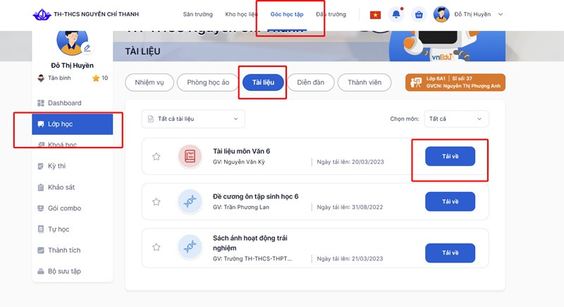 Xem t&agrave;i liệu của lớp học tr&ecirc;n vnEdu LMS (VNPT E-Learning)
