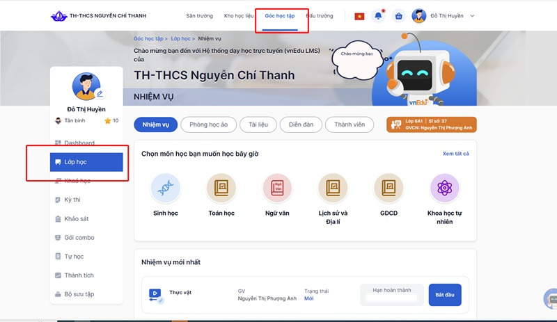 Xem nhiệm vụ của lớp học tr&ecirc;n vnEdu LMS (VNPT E-Learning)