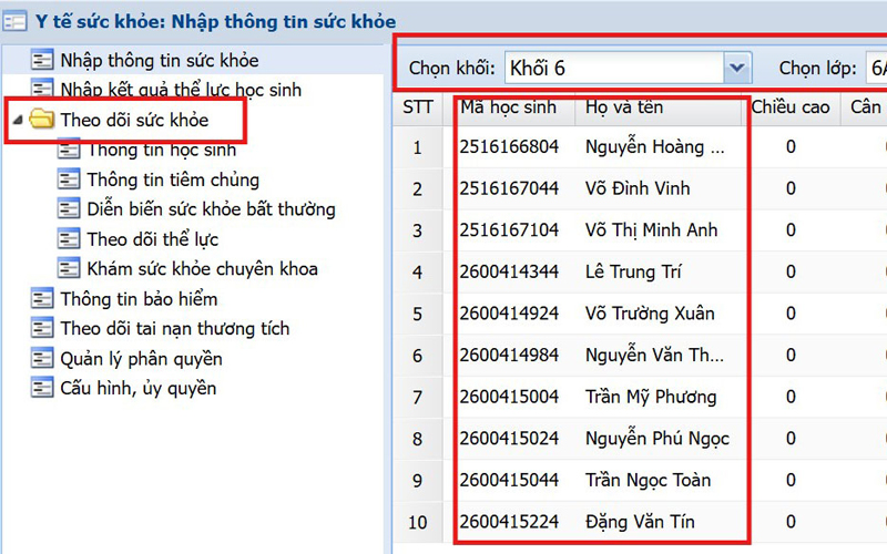 Bước 2 Chọn lớp, chọn học sinh cần cập nhật