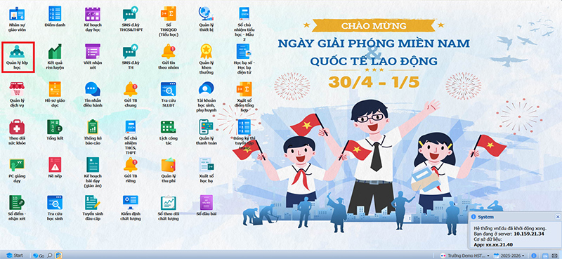 Bước 1: Mở module Quản lý lớp học và chọn đúng năm học, khối, lớp cần kiểm tra.