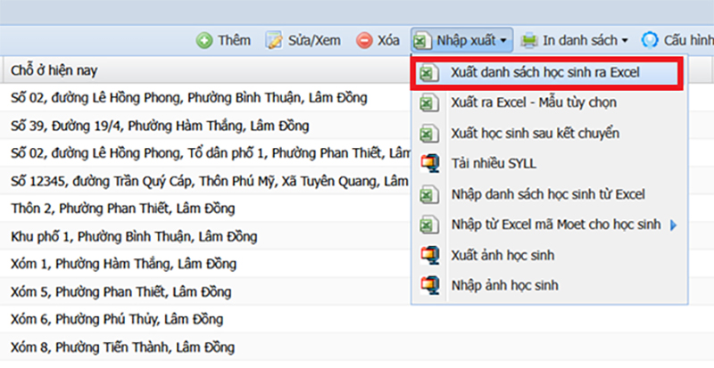 Bước 4: Kích vào Xuất danh sách học sinh ra Excel. Tải file Excel vừa xuất về máy tính.