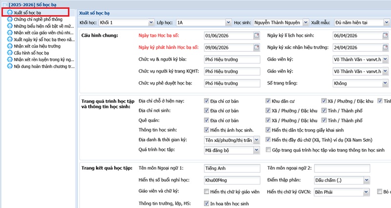 Bước 3: Chọn mục Xuất học bạ