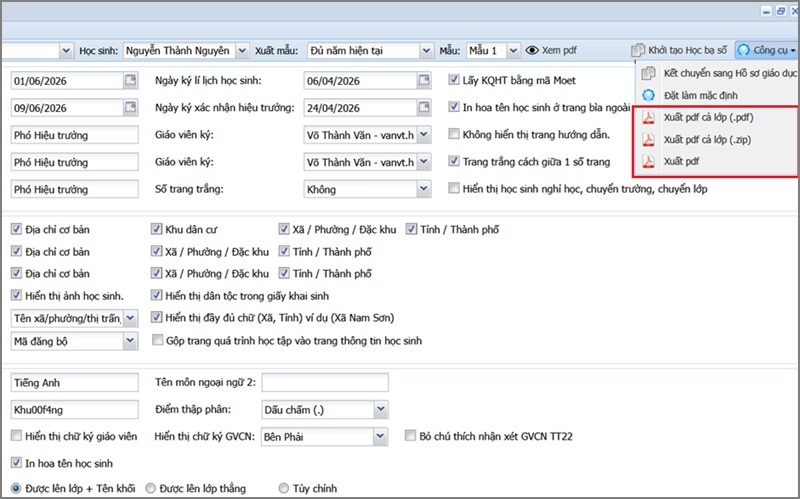Chọn xuất học bạ dạng file PDF