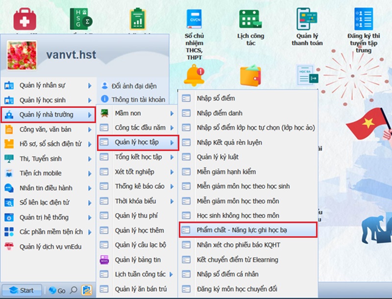 Bước 1: Truy cập phân hệ nhập nhận xét năng lực, phẩm chất