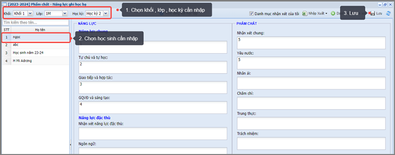 Bước 2: Chọn lớp và học sinh
