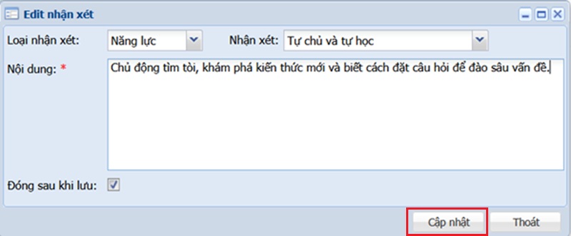 chọn Cập nhật để lưu mẫu nhận xét.