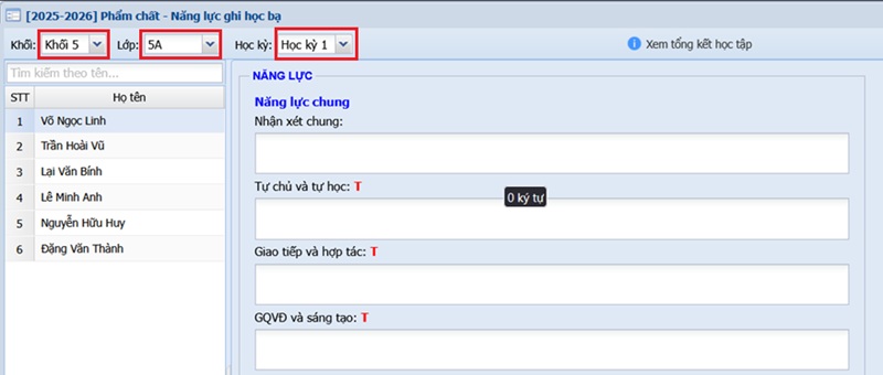 Chọn khối lớp, lớp học, học kỳ cần nhập