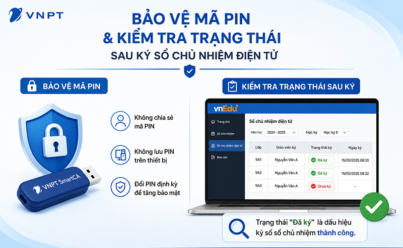 Lưu &yacute; bảo mật v&agrave; kiểm tra trạng th&aacute;i khi k&yacute; số sổ chủ nhiệm tr&ecirc;n vnEdu