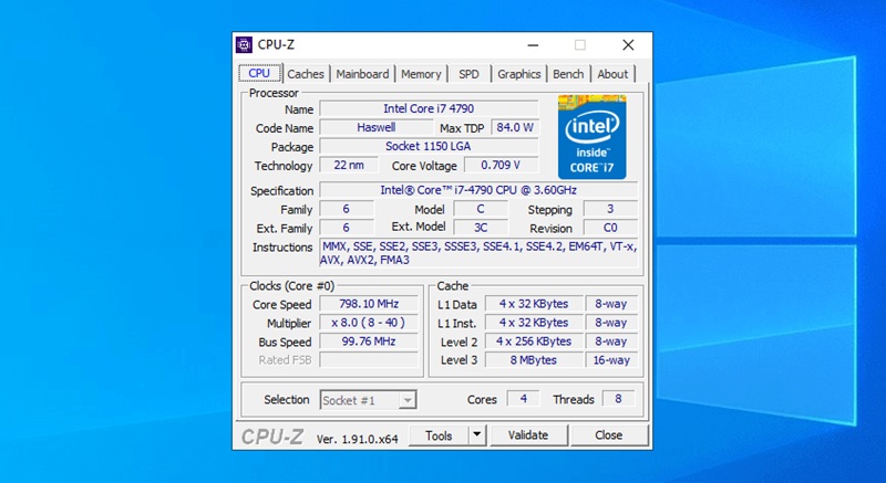 Bước 2: Mở CPU-Z và kiểm tra các tab CPU, Mainboard, Memory, SPD và Graphics.