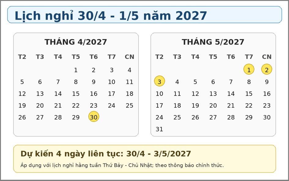 Lịch nghỉ lễ 30/4 và 1/5/2027