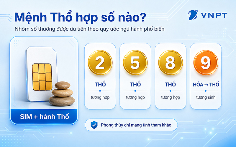 Nhóm số 2, 5, 8 (hành Thổ) và 9 (hành Hỏa) thường được ưu tiên theo cách quy ước ngũ hành số phổ biến